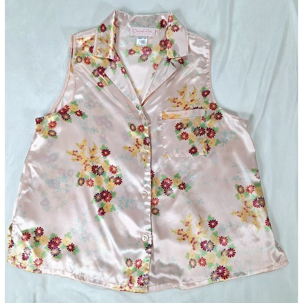 Oscar de la Renta‎ Pink Label Sleeveless Pajama Top Floral Satin Pink Medium